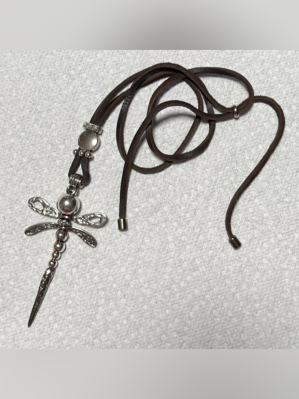 Brown Leather Necklace with Silver Dragonfly Pendant -